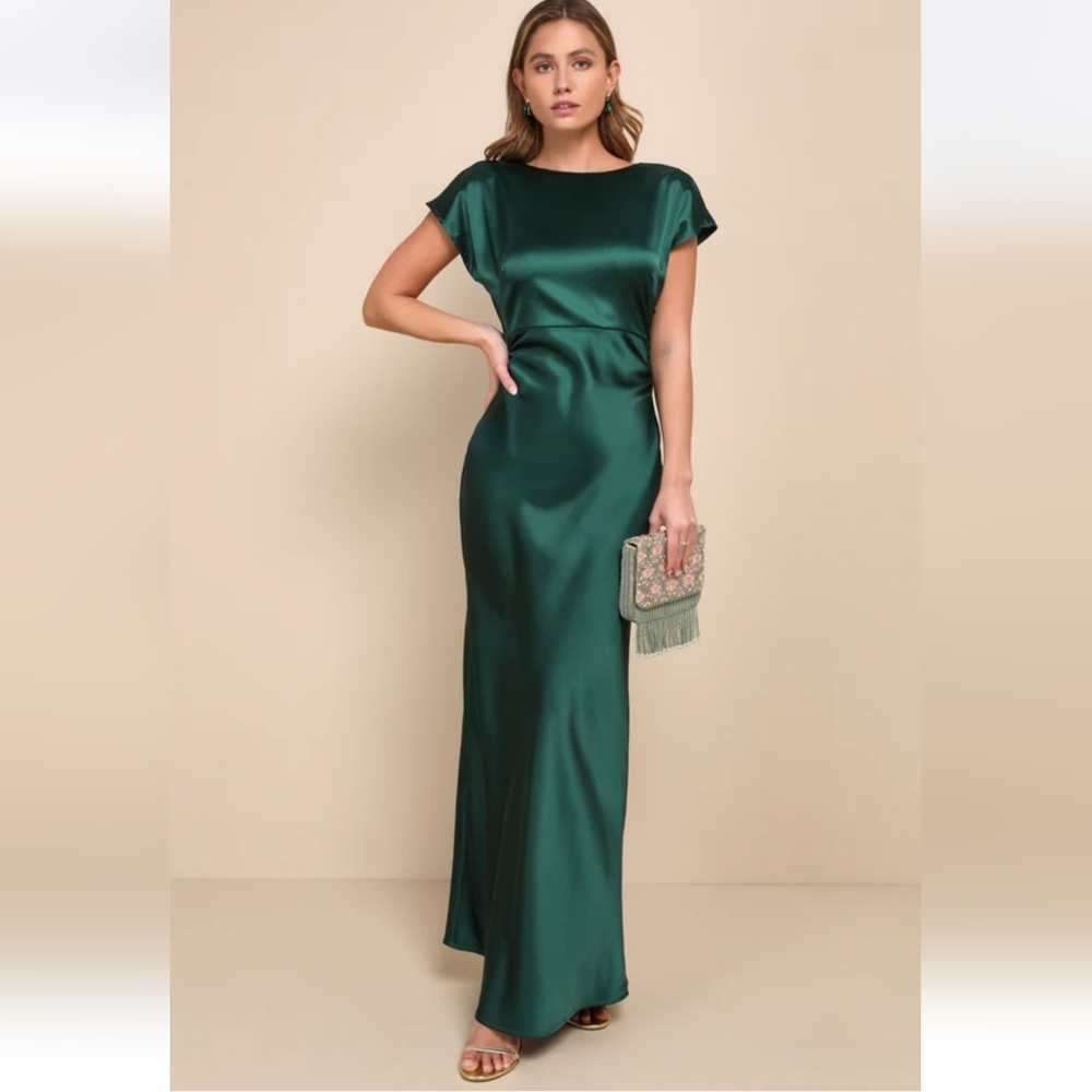 Lulus Captivating Presence Forest Green Satin Cowl Back Maxi Dress